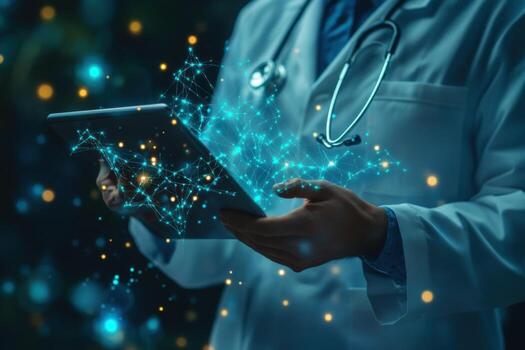 A doctor holding a tablet computer with a network of dots photo