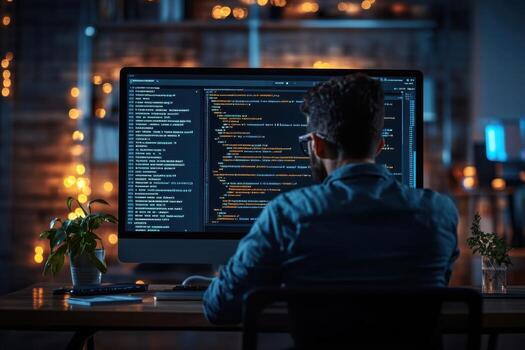 A man working on a computer with code on the screen photo