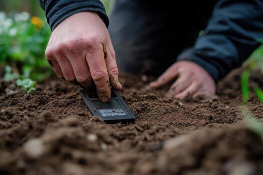 A person is digging in the dirt with a small device photo