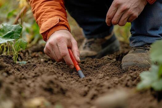 A man is digging in the soil with a red tool photo