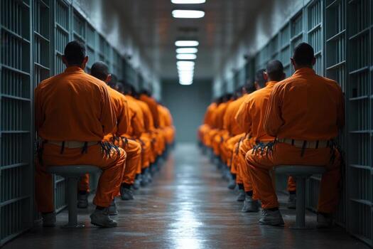 Prisoners in orange uniforms sitting in a row photo