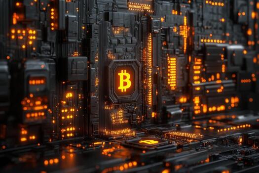 Bitcoin on a circuit board with glowing lights photo