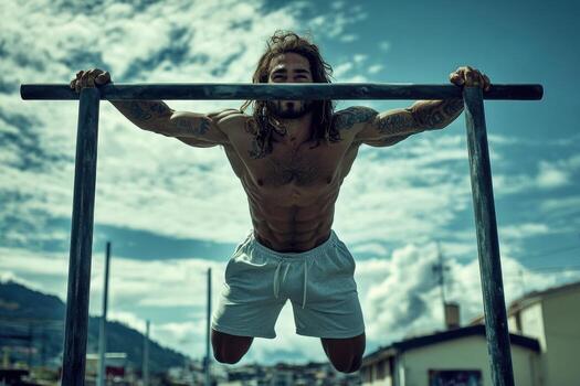 A man doing pull ups on a bar photo