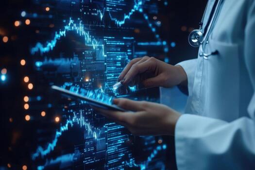 A doctor is using a tablet computer with data on it photo