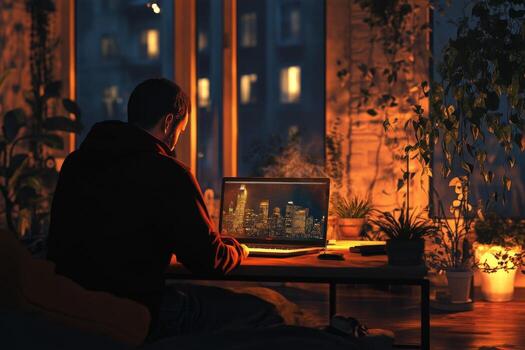 A man sitting in front of a laptop computer at night photo