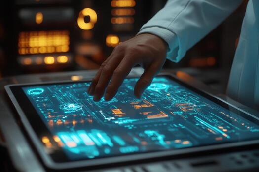 A person in a lab coat is touching a tablet computer photo
