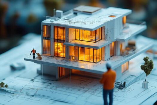 A man stands in front of a model of a house photo