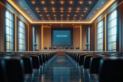 Empty courtroom with rows of chairs and a screen photo