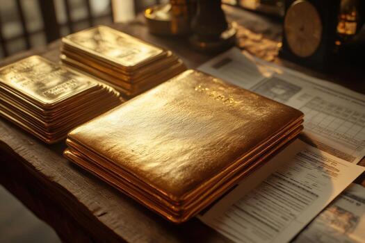 Gold bars on a table with a clock and papers photo