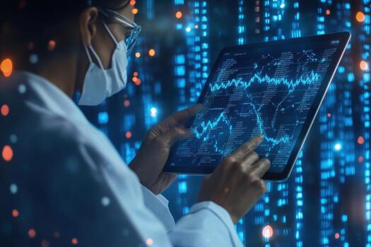 A doctor using a tablet computer in front of a digital data screen photo