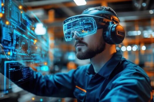 A man wearing a headset and looking at a screen photo