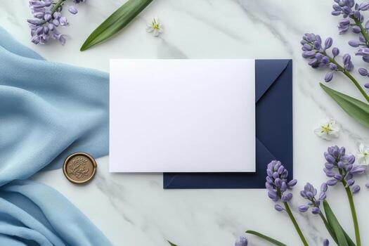 An empty envelope and blue flowers on a marble surface photo