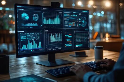 A person is sitting at a desk with a computer screen showing graphs photo