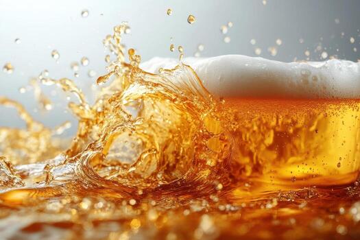 Beer splash with bubbles and foam on a grey background photo