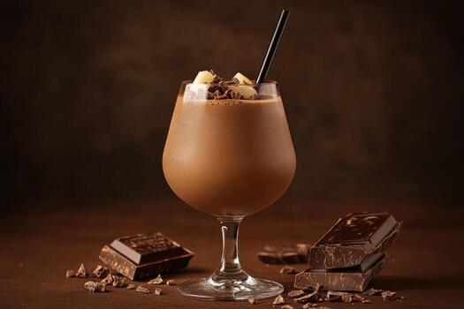 Chocolate milkshake with chocolate chips and a straw photo