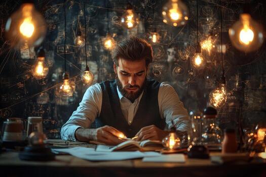 A man is sitting at a table with a book and light bulbs photo