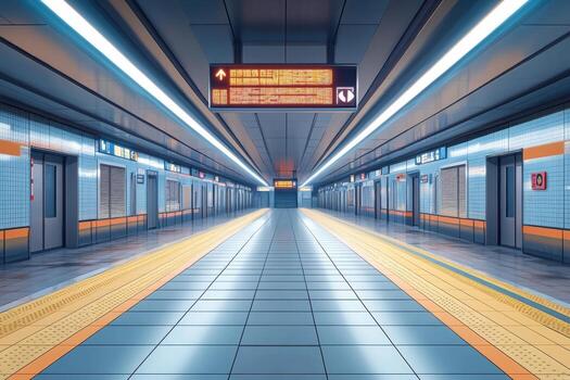 A subway station with a long hallway and a sign photo