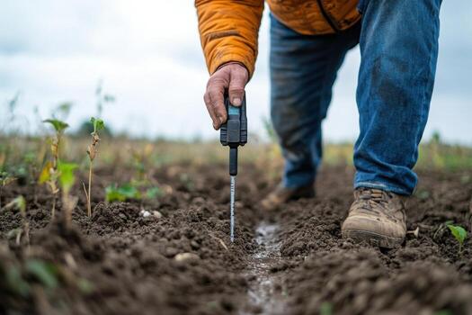 A man is using a handheld device to measure soil moisture photo