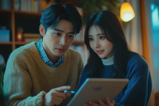 A young couple looking at a tablet computer photo