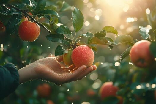 A person is picking apples from an apple tree photo