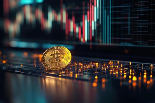 Bitcoin on laptop with stock market graph and bitcoin price photo