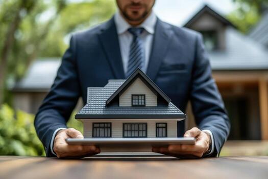Man in suit holding a tablet with house model on it photo