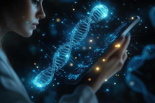 A woman holding a tablet with a dna structure photo