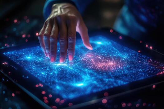 A person touching a tablet with glowing blue dots photo