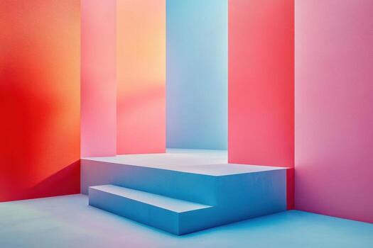 A colorful room with stairs and a wall photo