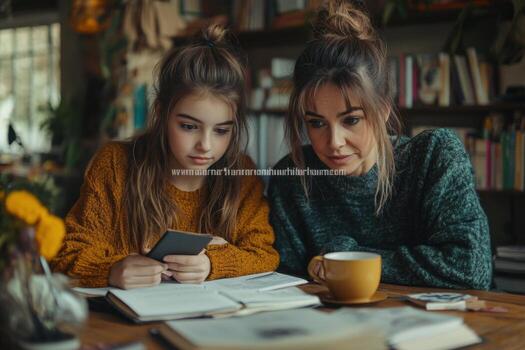 Two young girls using a cell phone while sitting at a table photo