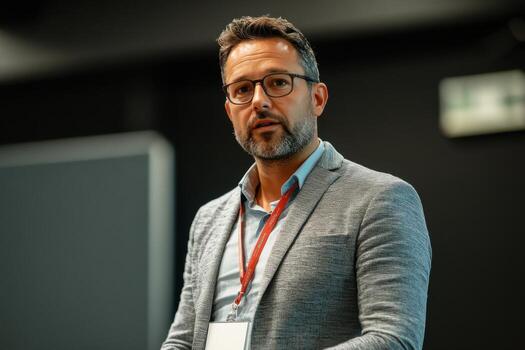 A man with glasses and a beard is giving a presentation photo