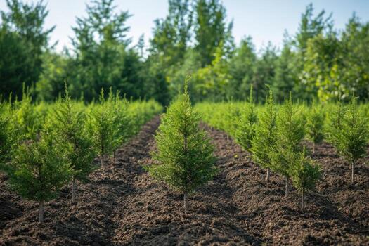 A field of young trees in the middle of a forest photo