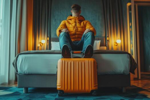 A man sitting on a bed with a suitcase photo