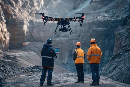 Three men in orange work clothes standing in front of a drone photo