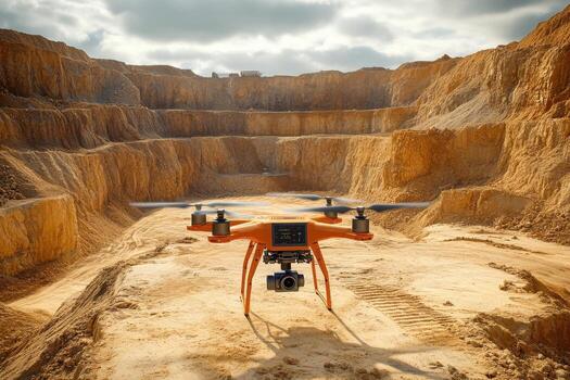A drone is flying over a large pit photo