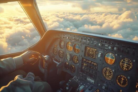 The cockpit of an airplane with the pilot's hands on the controls photo