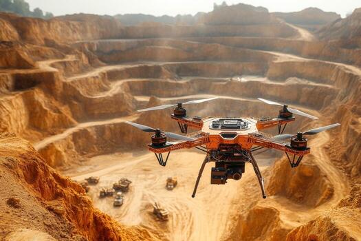 A drone flying over a large pit with a large truck photo