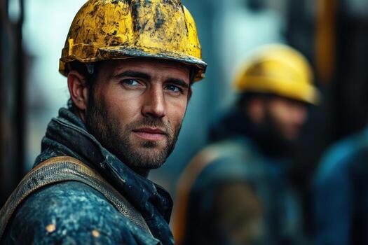 Portrait of a man in hard hat and overalls photo