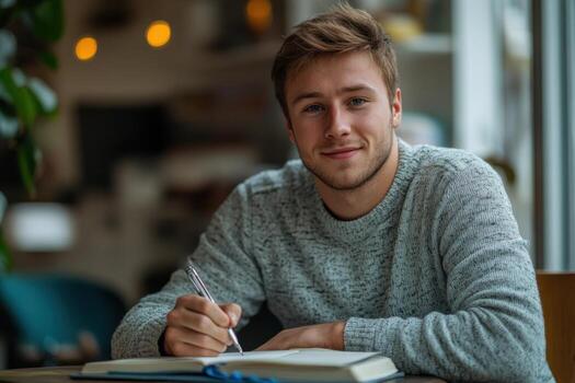 A young man is sitting at a table with a pen and notebook photo