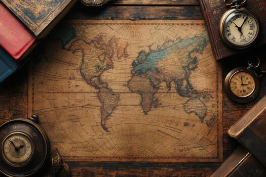 An old world map, a clock, and a book on a table photo