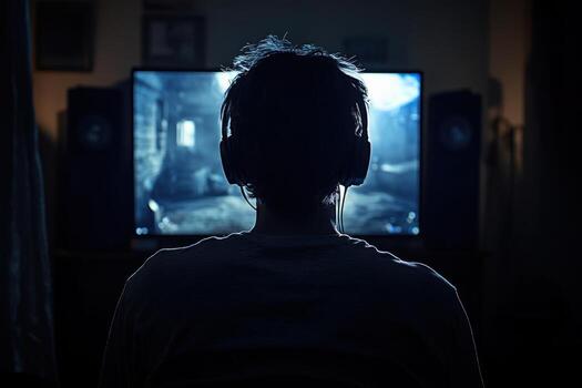 A person sitting in front of a television watching a game photo
