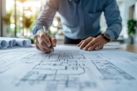 Architectural drawing on paper with man holding pen photo