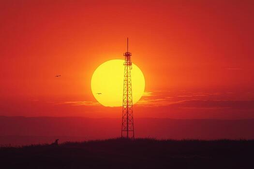 A man standing in front of a radio tower at sunset photo