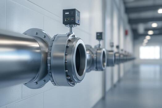 A long line of pipes in a factory photo