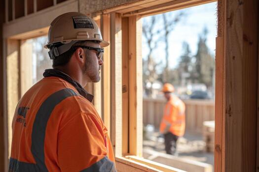 A construction worker looking out a window photo