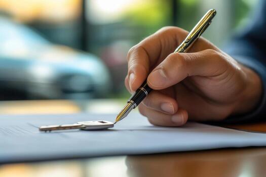 Man signing a lease agreement with a pen and key photo