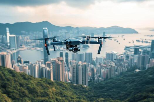 Drone flying over hong kong city skyline photo