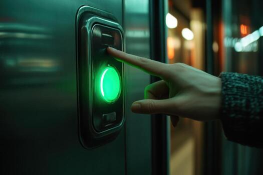 A person pressing a green button on a train photo