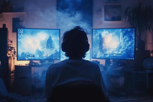 A person sitting in front of two computer monitors photo