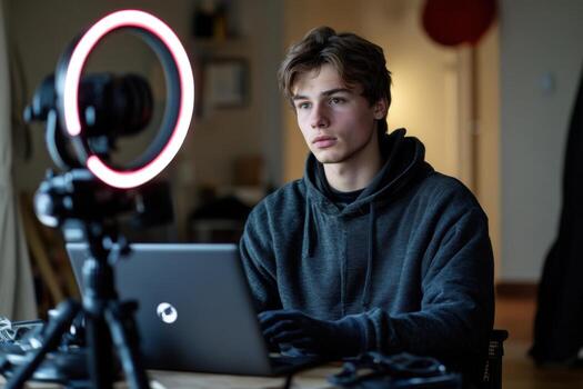 A young man sitting in front of a laptop with a camera photo